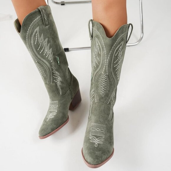 Women's Suede Embroidered Side Zipper High Heeled Boots With Sloping Heel Green - Picture 2 of 6